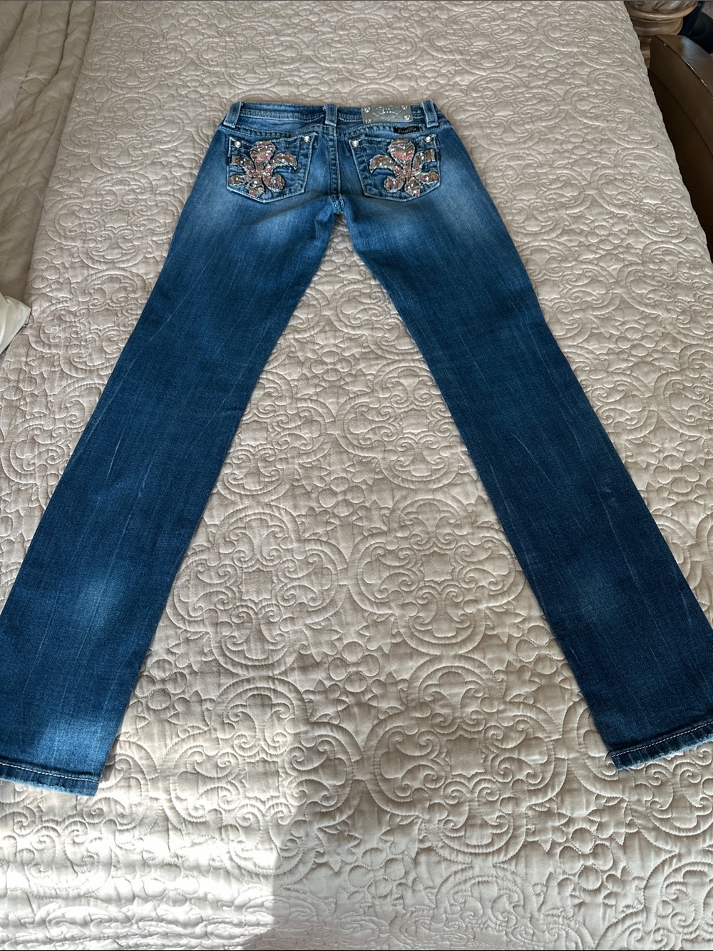 Miss Me Dark Blue Straight Leg Jeans with Embellished Back Pockets